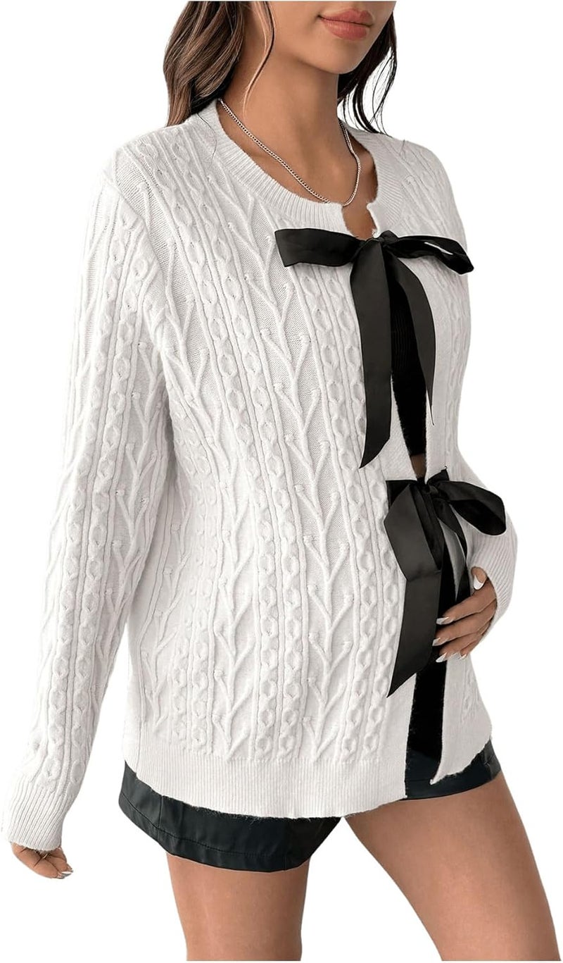 MakeMeChic Women's Maternity Sweater Bow Knot Crew Neck Long Sleeve Pregnancy Cardigan - Image 1